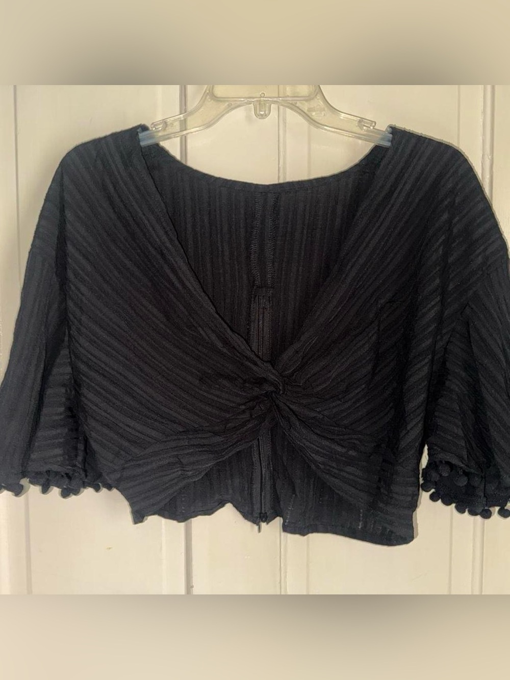 SHEIN Black Knot-Front Crop Top with Pom Trim Large